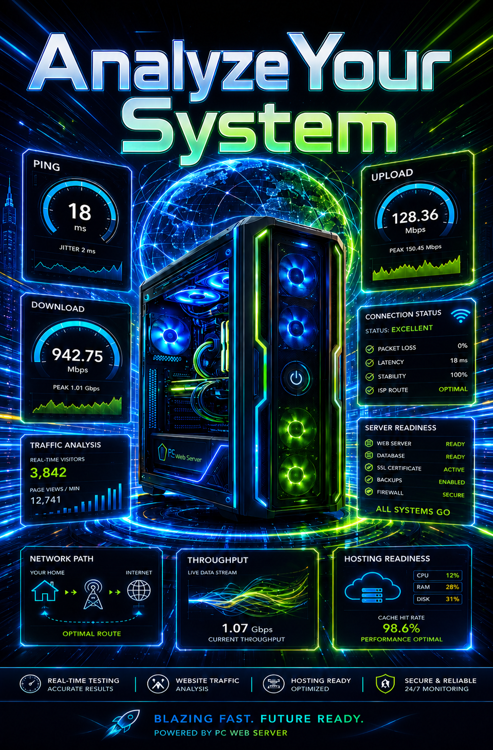 Test Your Internet promotional image showing home website hosting speed test panels