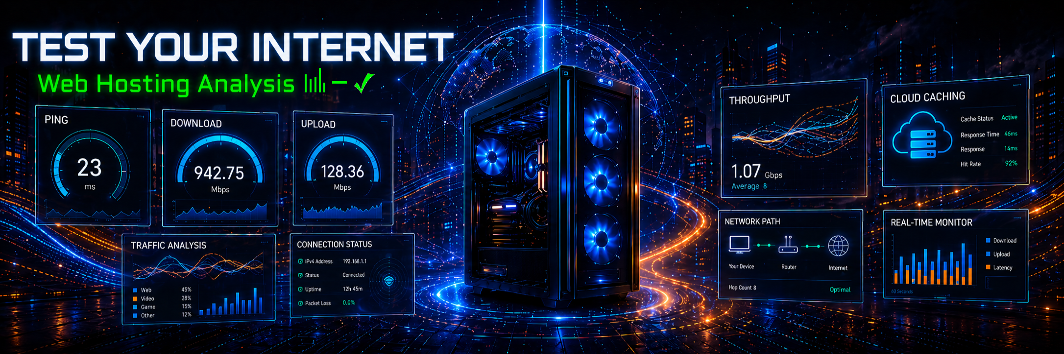 Test Your Internet promotional image showing a futuristic server tower with panels for ping, download, upload, connection status, and cloud caching